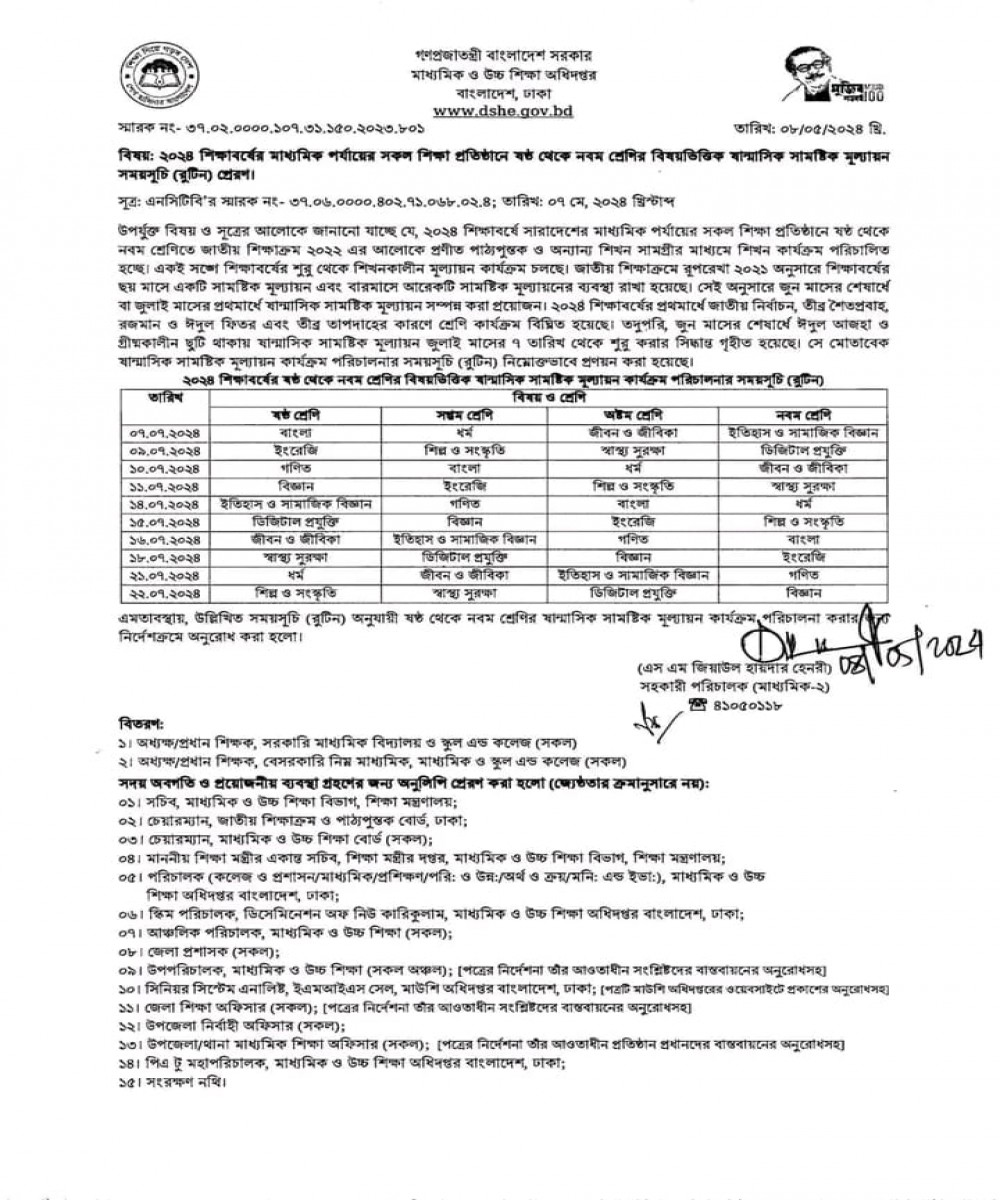 ষান্মাসিক পরীক্ষা -২০২৪ এর রুটিন